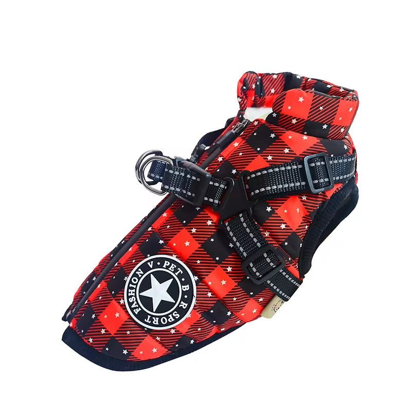 Pet Supplies Winter Dog Clothes for Small Dogs Warm Fleece Large Dog Jacket Waterproof Pet Coat with Harness Chihuahua Clothing Puppy Costume Red Checkered
