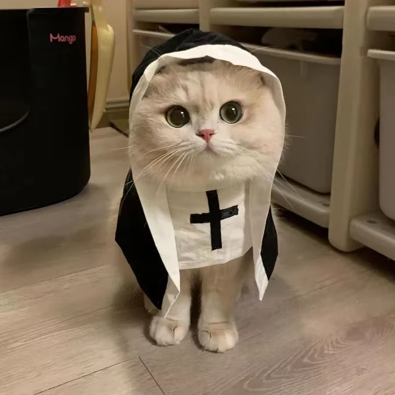 Cat Puppy Pet Nun Cloak Soft Role Play Pet Cat Halloween Costumes Black/White Breathable Cat Cosplay Costume Sets Cosplay Dress