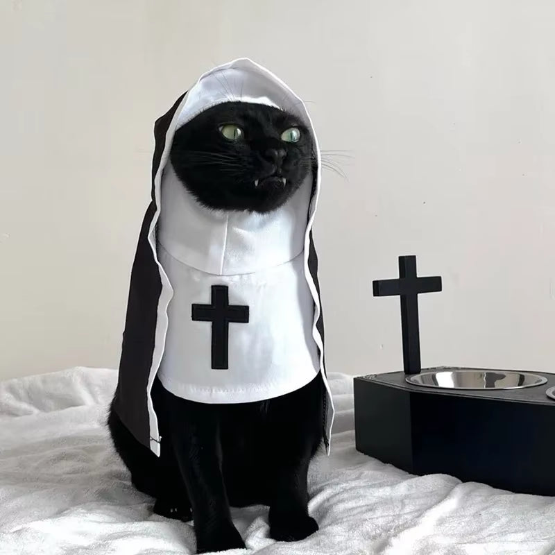 Cat Puppy Pet Nun Cloak Soft Role Play Pet Cat Halloween Costumes Black/White Breathable Cat Cosplay Costume Sets Cosplay Dress