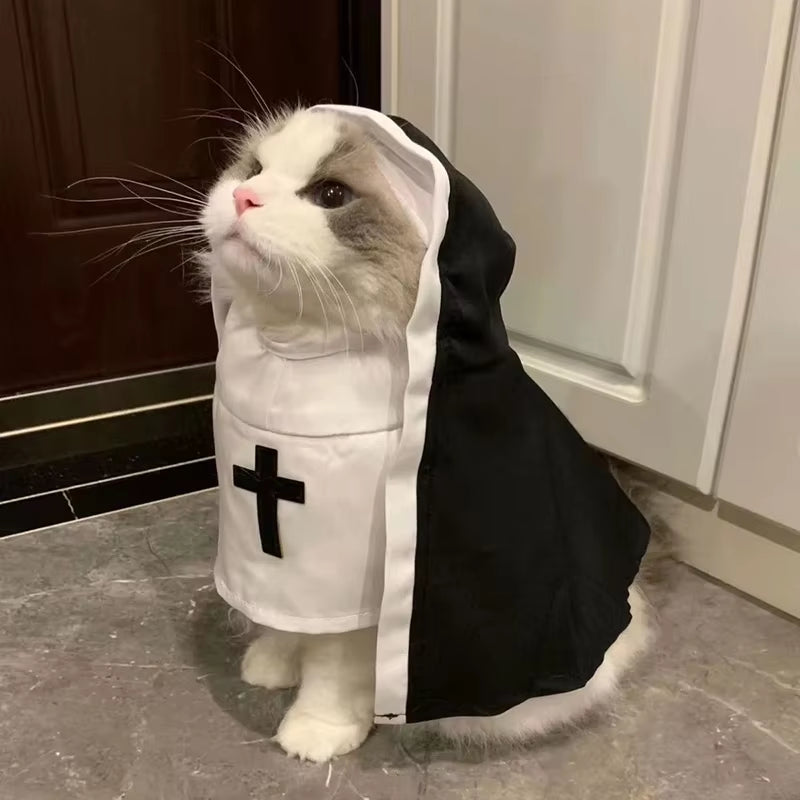 Cat Puppy Pet Nun Cloak Soft Role Play Pet Cat Halloween Costumes Black/White Breathable Cat Cosplay Costume Sets Cosplay Dress