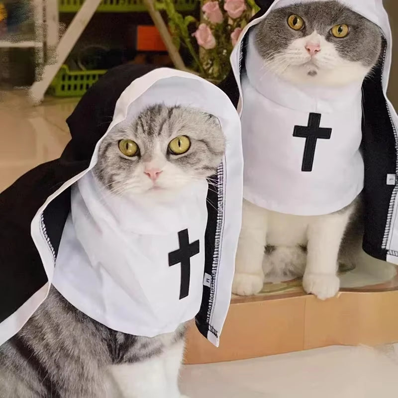 Cat Puppy Pet Nun Cloak Soft Role Play Pet Cat Halloween Costumes Black/White Breathable Cat Cosplay Costume Sets Cosplay Dress