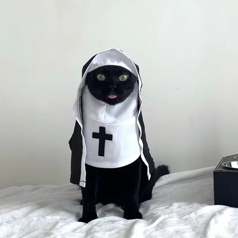 Cat Puppy Pet Nun Cloak Soft Role Play Pet Cat Halloween Costumes Black/White Breathable Cat Cosplay Costume Sets Cosplay Dress