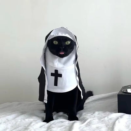 Cat Puppy Pet Nun Cloak Soft Role Play Pet Cat Halloween Costumes Black/White Breathable Cat Cosplay Costume Sets Cosplay Dress